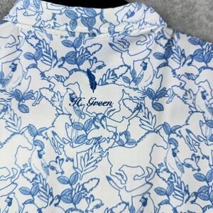 H. Green Men's L Golf Polo Blue Horse & Bird Equestrian Toile Print Stretch